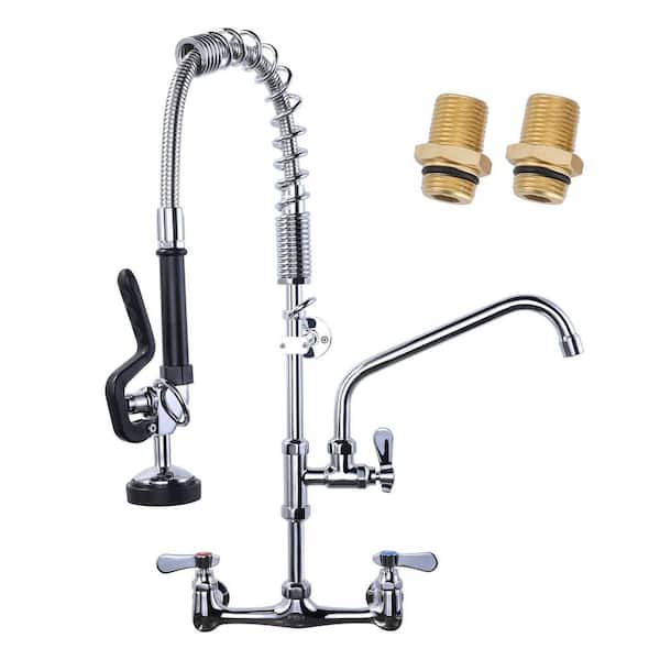 Commercial Kitchen Faucet Wall Mount with Pre-Rinse Sprayer 8 Inch Center Chrome 25 in. H x 8 in. W x 6.3 in. D