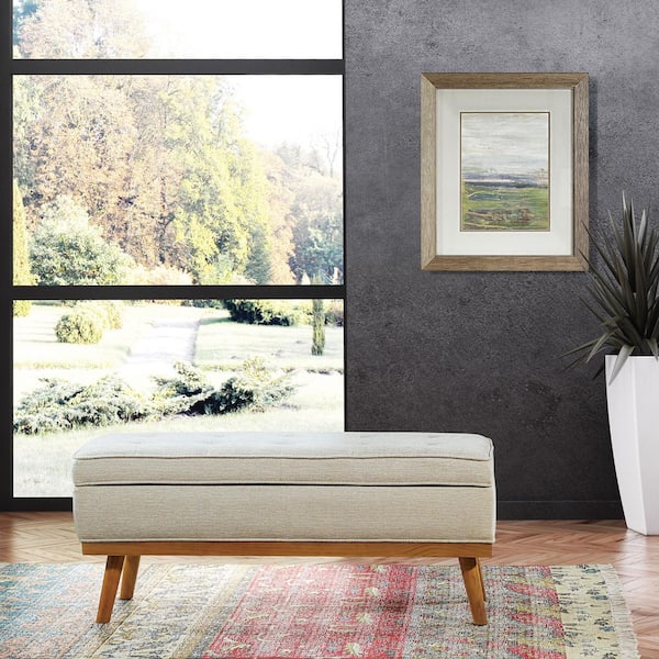 Katheryn Linen Fabric 43.5 in. Storage Bedroom Bench with Light Espresso Legs