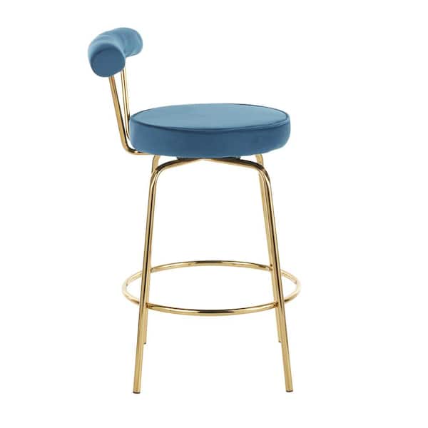 Rhonda 26 in. Blue Velvet and Gold Metal Glam Counter Stool (Set of 2)