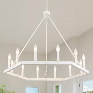 12-Light Distressed White Hexagonal Design Wagon Wheel Chandelier for Kitchen Island with No Bulbs Included
