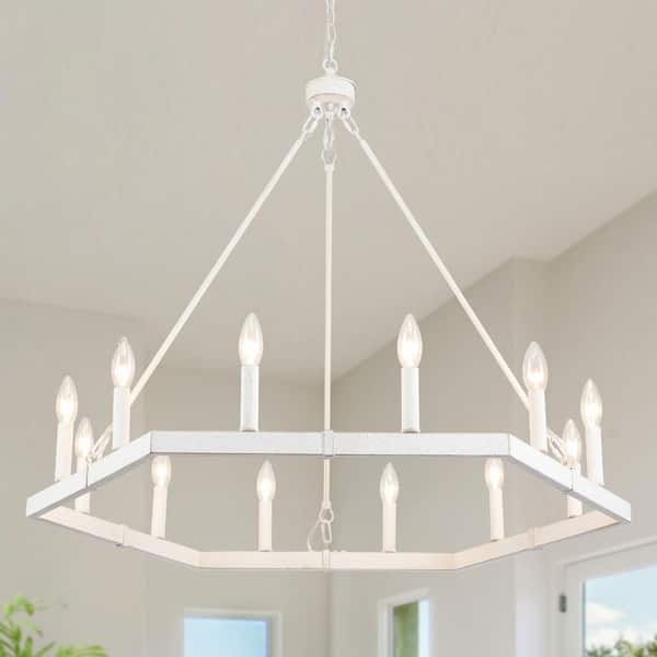 LWYTJO 12-Light Distressed White Hexagonal Design Wagon Wheel Chandelier for Kitchen Island with No Bulbs Included