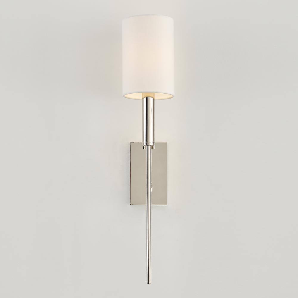 Polished Nickel Iron Wall Sconce with White Linen Shade