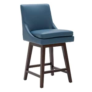 Fiona 26.8 in. Dark Blue High Back Solid Wood Frame Swivel Counter Height Bar Stool with Faux Leather Seat