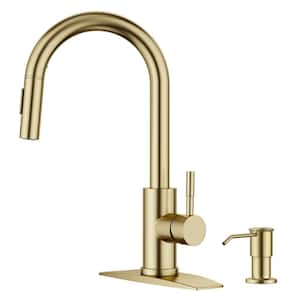 Single Handle Pull Down Sprayer Kitchen Faucet with Soap Dispenser and Flexible Hose in Gold