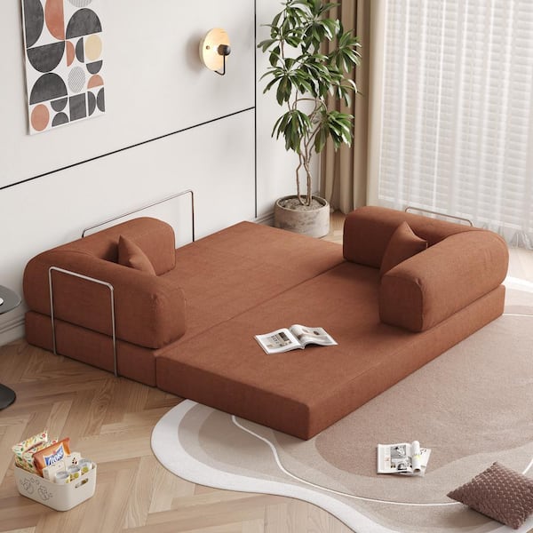 JASIWAY Modern 78.7 in. W Brown Velvet Folding Twin Size Sofa Bed