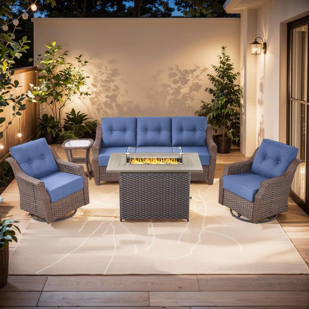 Modern Farmhouse 5-Piece Brown Wicker Fire Pit Conversation Set with 6 in. Blue Cushions and Patio Swivel Chairs price history on PriceWatchPro