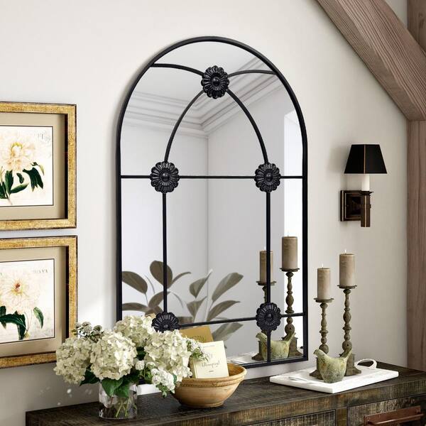 Hochwertiges 20 in. W x 30 in. H Arched Black Metal Framed Wall Mirror ...