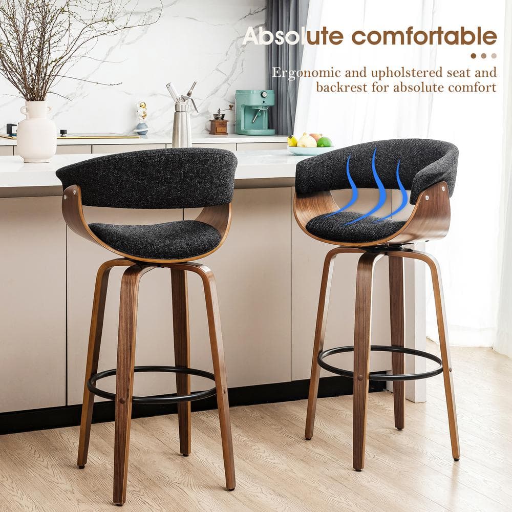 Mid-Century Modern Dark Blue Fabric Walnut Swivel Barstools, Set of 2