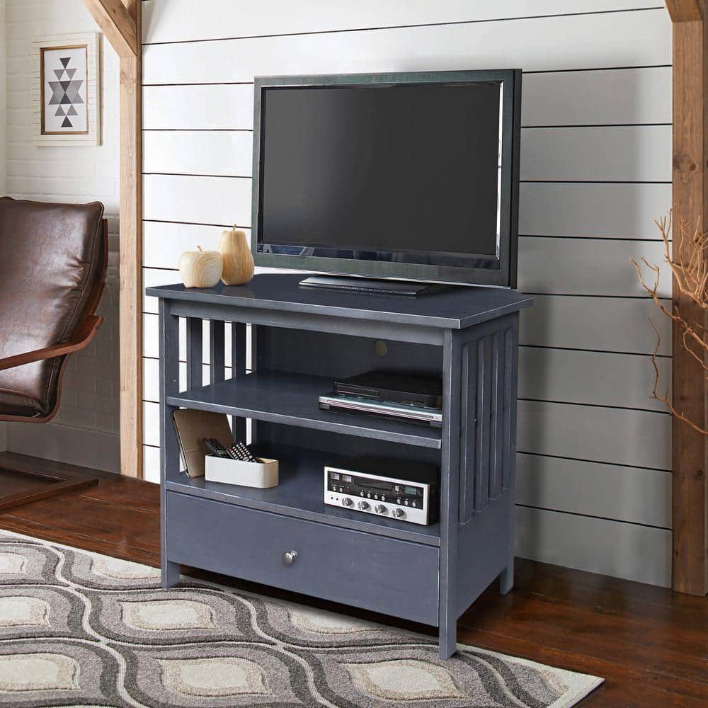 Heather Gray Solid Wood Corner TV Stand with Cabinet and Shelves