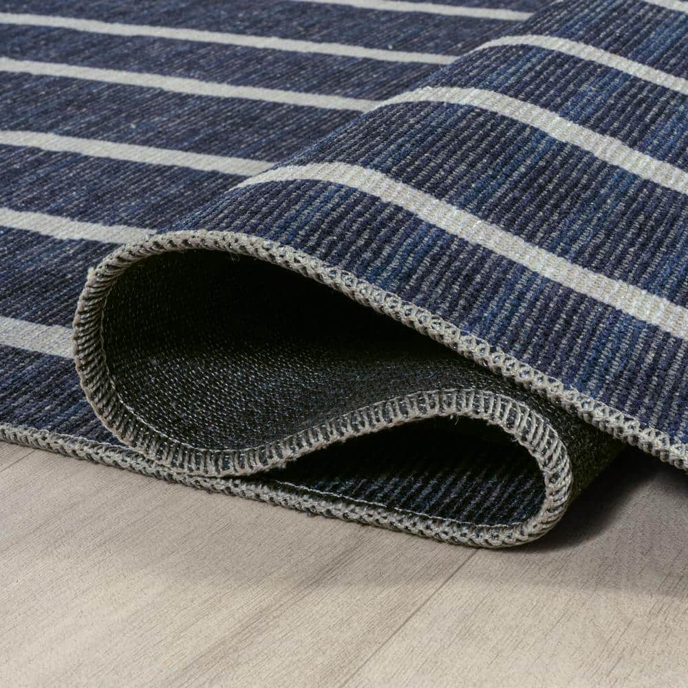 Gray and Navy Striped Machine-Washable Runner Rug