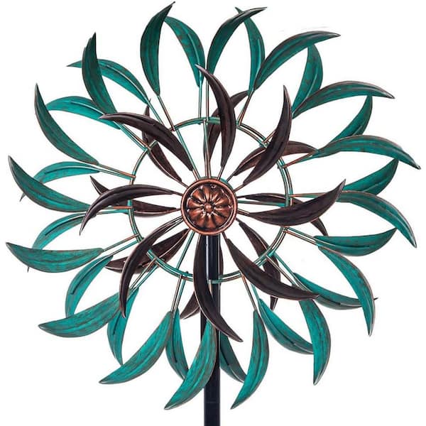 63 in. H Outdoor Metal Wind Spinners Kinetic Wind Sculptures, Spinners for Yard Garden Lawn, Light Blue & Brown(13 in. )