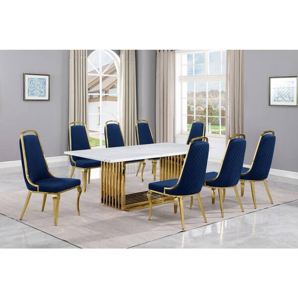 Best Quality Furniture Lisa 9-Piece Rectangle White Marble Top Gold Stainless Steel Dining Set With 8-Navy Blue Velvet Gold Chrome Iron Chairs