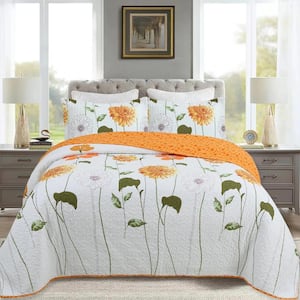 ME508 Orange Printed Sunflower King Size Cotton Quilt Bedspread Set