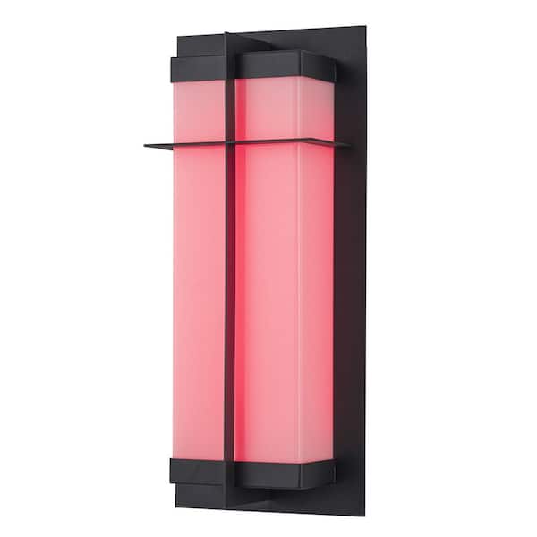 15 in. Black RGB LED Dimmable Outdoor Wall Light with White Acrylic Shade, Remote and Smart App Control