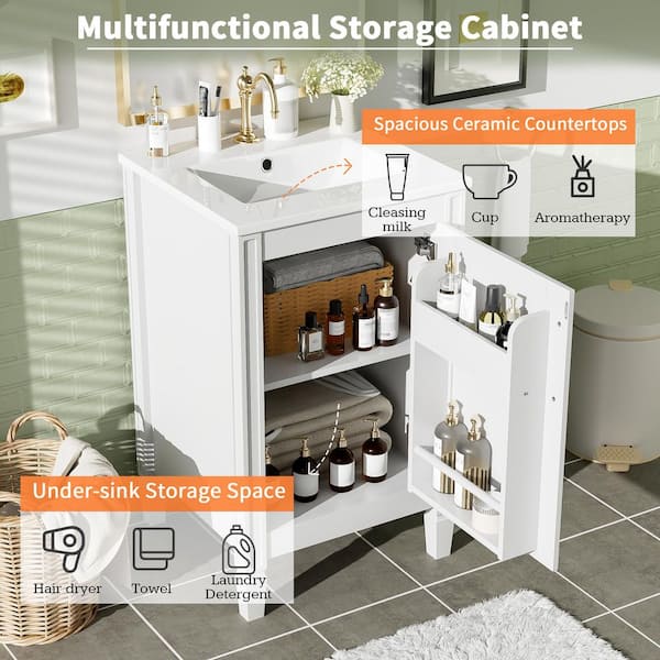 20 in. W Modern Freestanding Single Sink White Bath Vanity with White Ceramic Top Door Storage Rack (Unassembled)