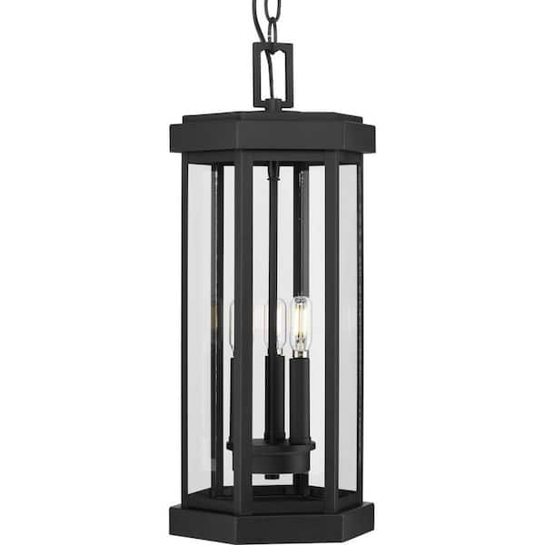 Progress Lighting Ramsey 9 in. 3-Light Textured Black Outdoor Hanging Pendant Light Lantern