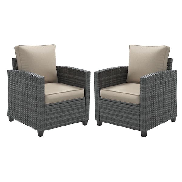 2-Piece Gray Rattan Outdoor Lounge Chairs With Beige Cushions