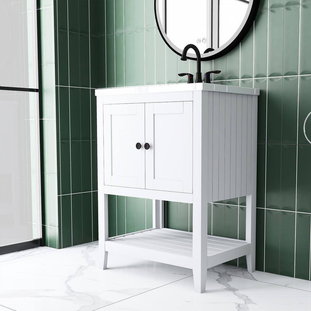 24" White Wood Freestanding Bathroom Vanity with Ceramic Sink