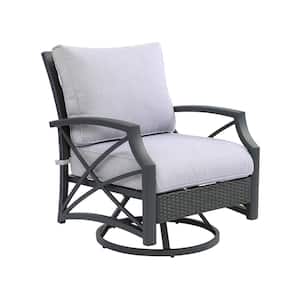 Rattan Wicker Outdoor Swivel Patio Lounge Chair with a Grey Aluminum Frame and Grey Cushions