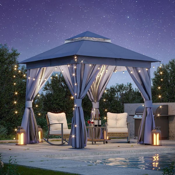 8 ft. x 8 ft. Navy Blue Outdoor Patio Gazebo with Double Roof, Nettings and Privacy Screens