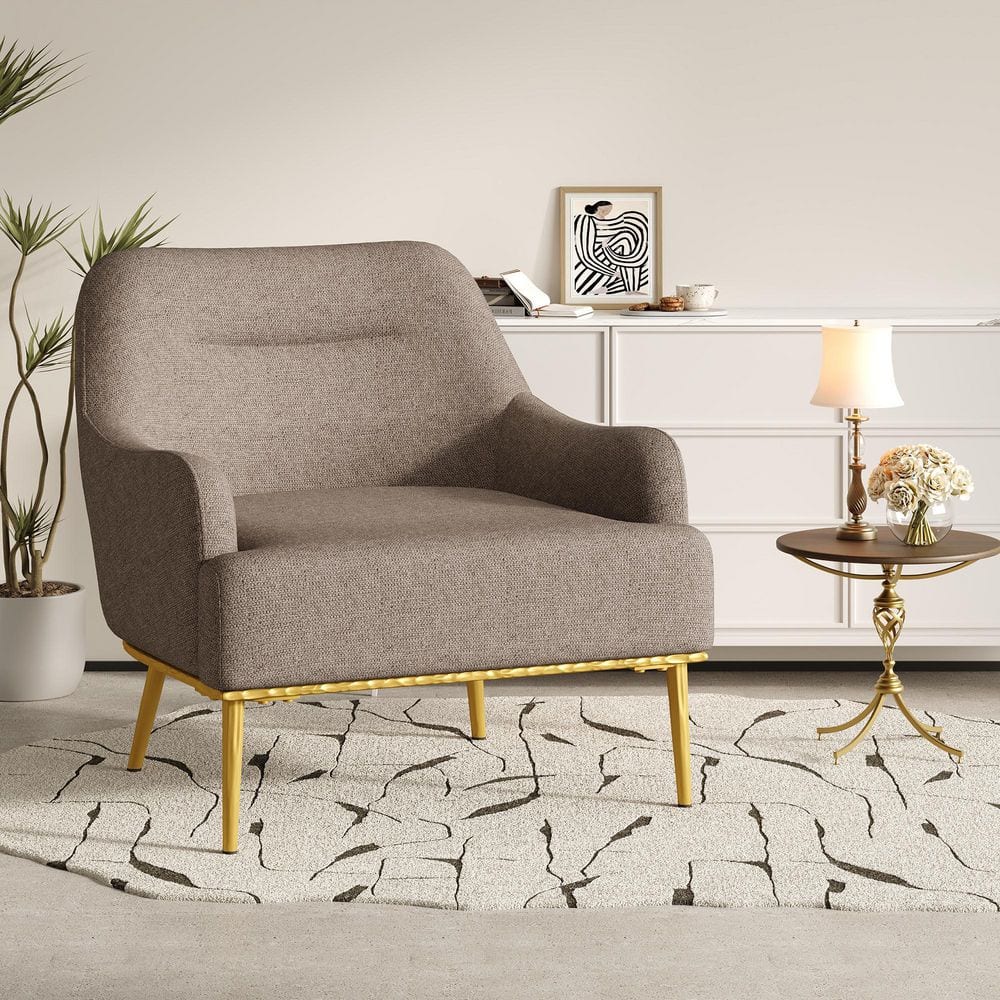 Dalmor Modern Brown Chenille Upholstered Accent Armchair with Curved Backrest and Gold Metal Legs
