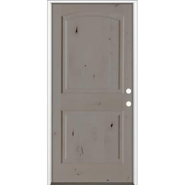 30 in. x 80 in. Rustic Knotty Alder 2-Panel Arch Top Left-Hand/Inswing BEHR Weathered Gray Stain Wood Prehung Front Door