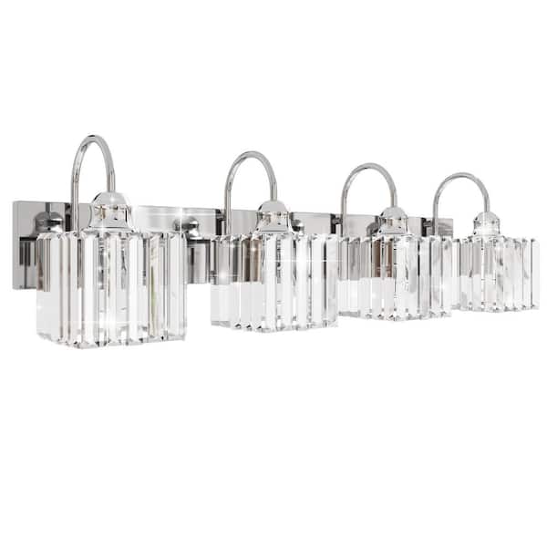 Merrin 32 in. 4-Lights Crystal Chrome Square Bathroom Vanity Light with Shade