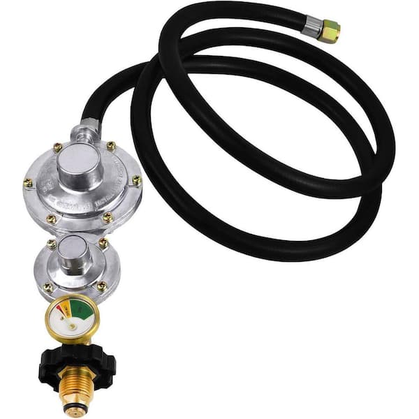 Two Stage Propane Regulator w/ 5ft Hose & Gauge Standard P.O.L Tank Connection 3/8in Female Flare Fitting CSA Certified