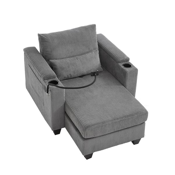 Grey 37.4 in. Convertible Corduroy Sleeper Sofa Bed with USB Ports, 2 Cup Holders, Phone Holder&Ample Storage