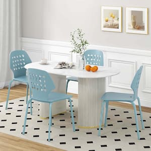 Blue Metal Dining Chair Set of 4-Armless Kitchen Hollowed Backrest And Metal Legs