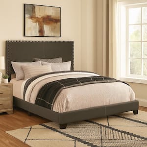 Gray Wood Frame Queen Platform Bed with Nailhead Trims