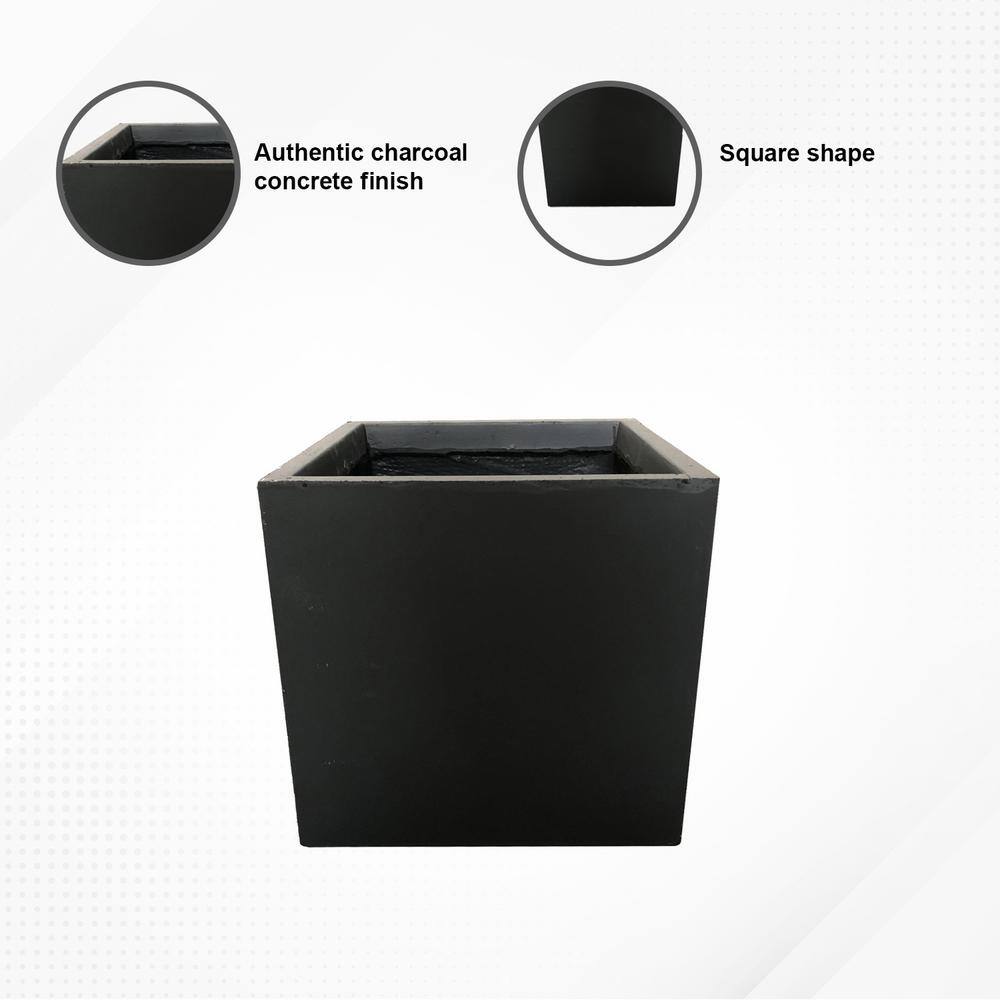 Modern Lightweight Concrete Square Planter, Charcoal Black, 15.35"