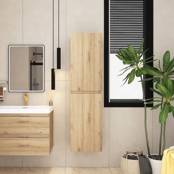 Staykiwi 15.8 in. W x 11.8 in. D x 59 in. H Brown MDF Wall Mounted Linen Cabinet in Natural Oak
