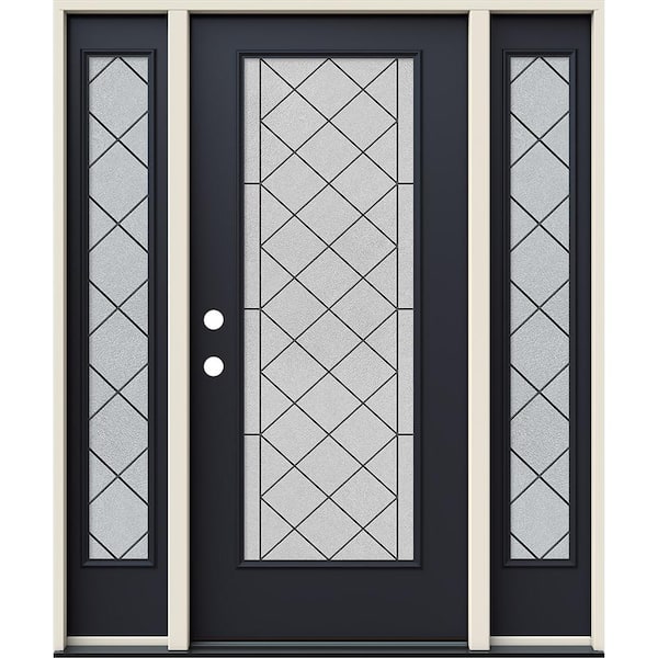 60 in. x 80 in. Right-Hand Full Lite Harris Decorative Glass Black Steel Prehung Front Door with Sidelites