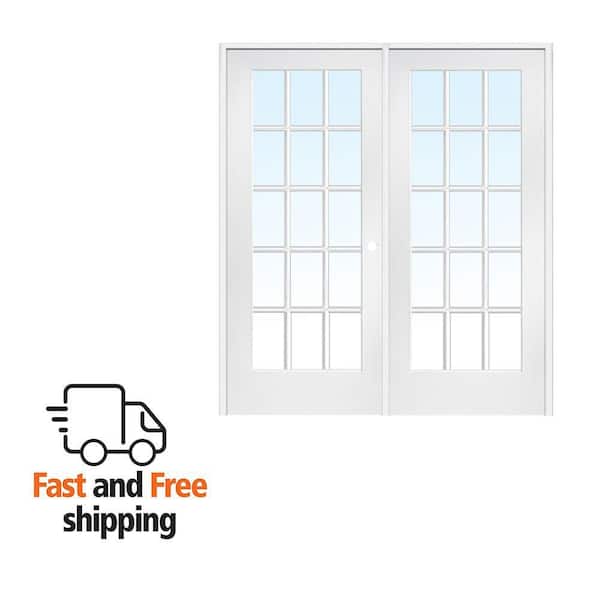 72 in. x 84 in. Left Hand Active Primed Composite Glass Clear Glass 15 Lite True Divided Prehung Interior French Door