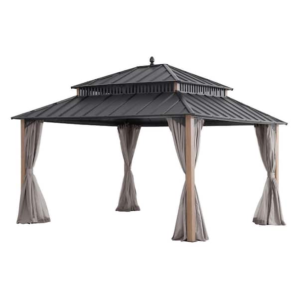 14 ft. x 12 ft. Kingston Aluminum Frame Steel Double Roof Hardtop Rectangular Gazebo with Curtain and Netting, WoodGrian