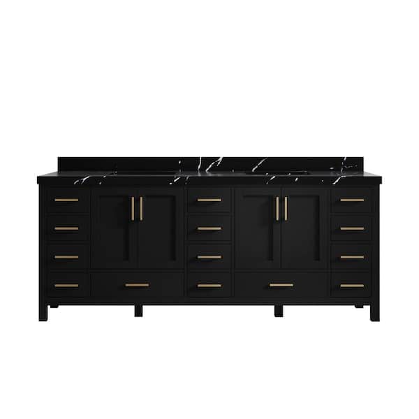 Willow Collections Malibu 84 in. W x 22 in. D x 36 in. H Double Sink Bath Vanity in Black with 2 in. Calacatta Black Quartz Top
