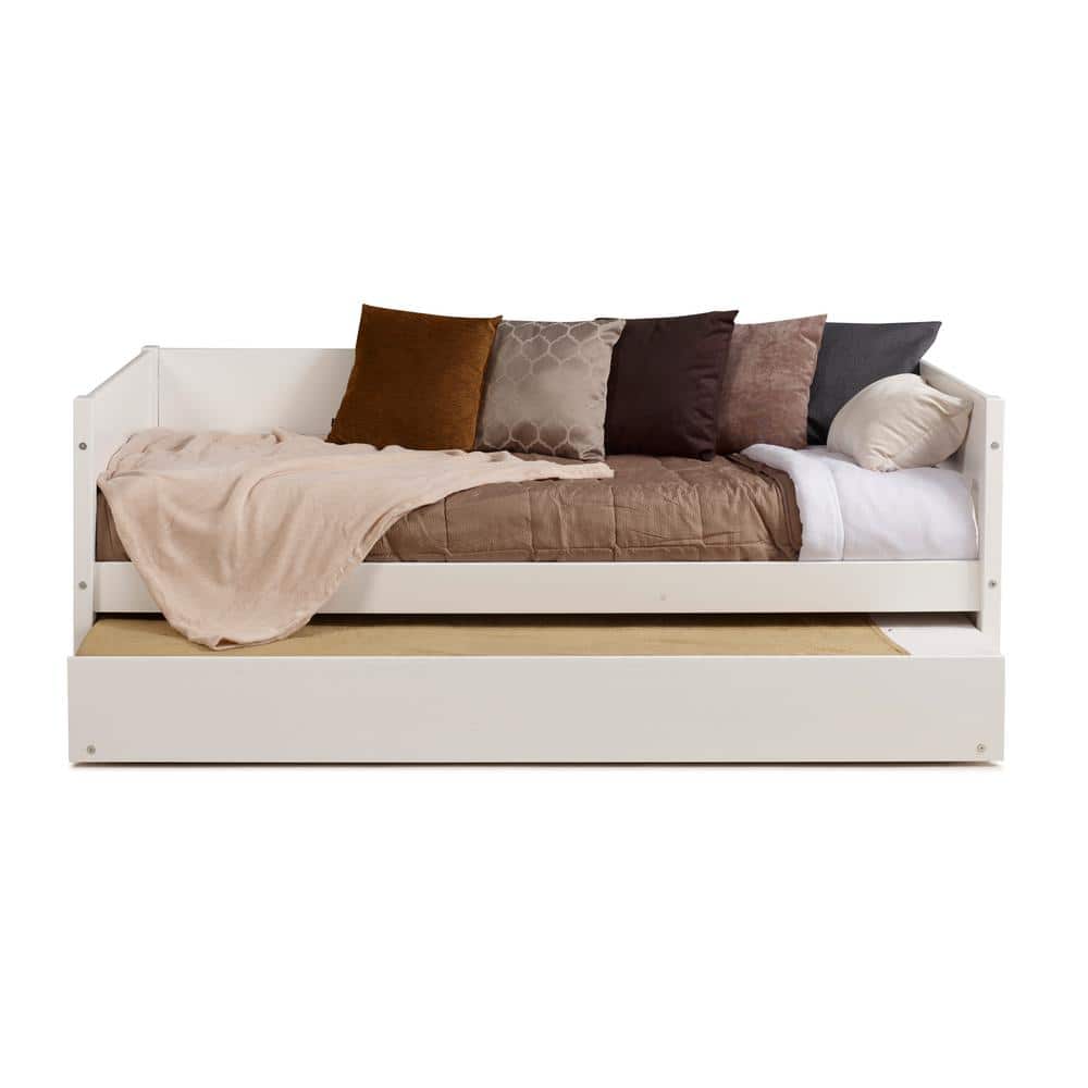 White Twin Solid Wood Daybed with Trundle and Slats