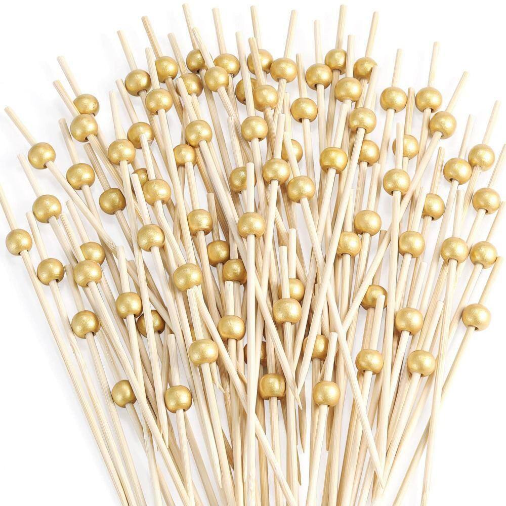 4.7 in. Bamboo Cocktail Picks for Appetizers, Drinks, Desserts, Charcuterie and Wedding Party, Gold Pearl (200-Pack)