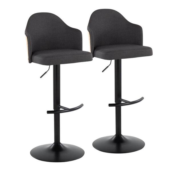 Lumisource Ahoy 33 in. Charcoal Fabric, Natural Wood and Black Metal Adjustable Bar Stool with Rounded T Footrest (Set of 2)