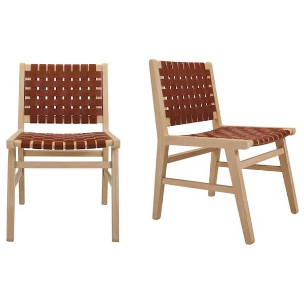 Idlewood Cerused White Oak Solid Wood Dining Chairs with Faux Leather Woven Seat (Set of 2)