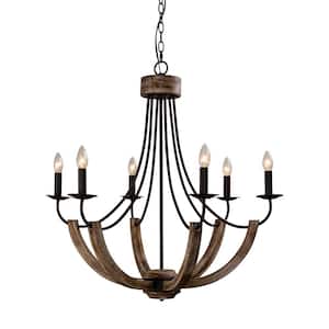 30 in. 6-Light Modern Distressed Black and Wood Farmhouse Candlestick Chandelier