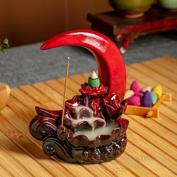 Afoxsos Red Ceramic Waterfall Incense Burner with 90-Incense
