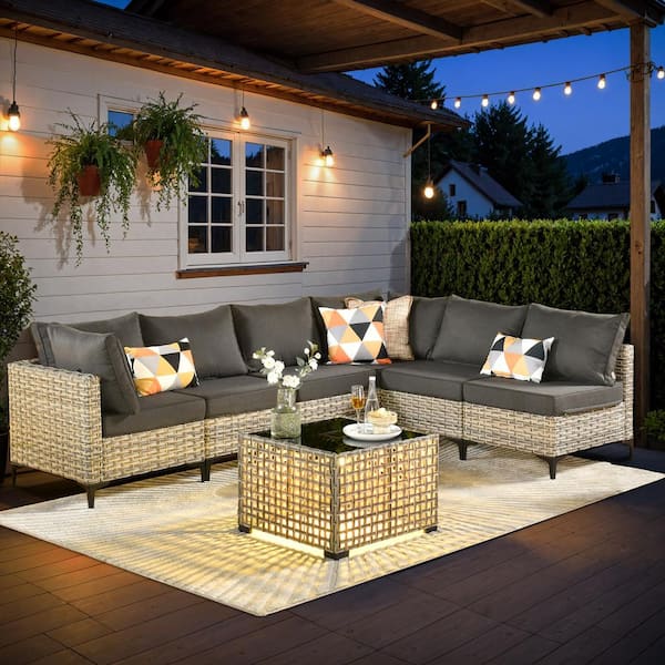 HOOOWOOO Holston 7-Piece Wicker Modern Outdoor Patio Conversation Sofa Sectional Set with a LED Table and Black Cushions