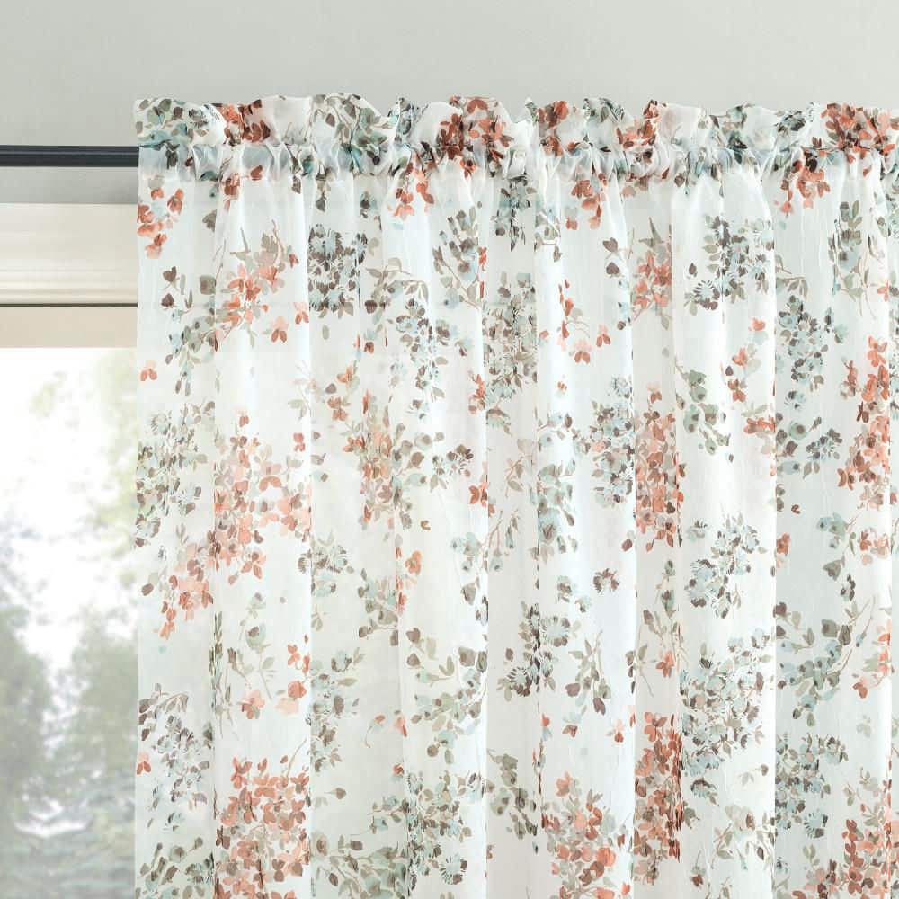 Alethea Floral Print Crushed Voile White Polyester 51 in. W x 84 in. L Rod Pocket Sheer Curtain (Single Panel)