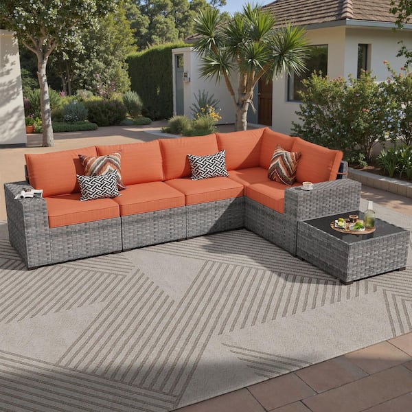 Caodoc Baskra Gray 6-Piece Wicker Outdoor Loveseat Sectional Set with Orange Red Cushions and Coffee Table for Poolside