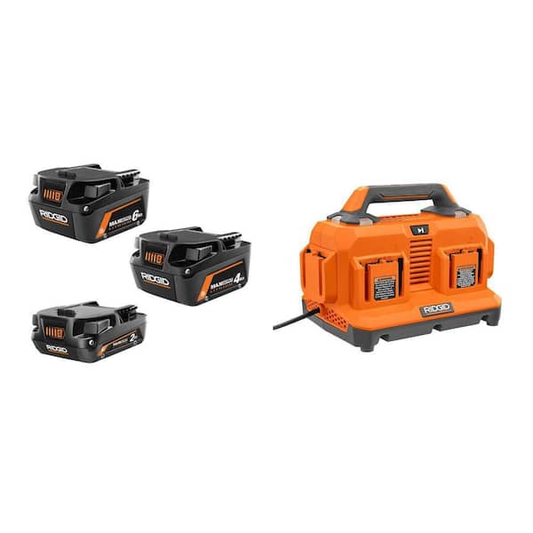 18V Lithium-Ion MAX Output 6.0 Ah, MAX Output 4.0 Ah, and MAX Output 2.0 Ah Batteries with 18V 6-Port Sequential Charger RIDGID