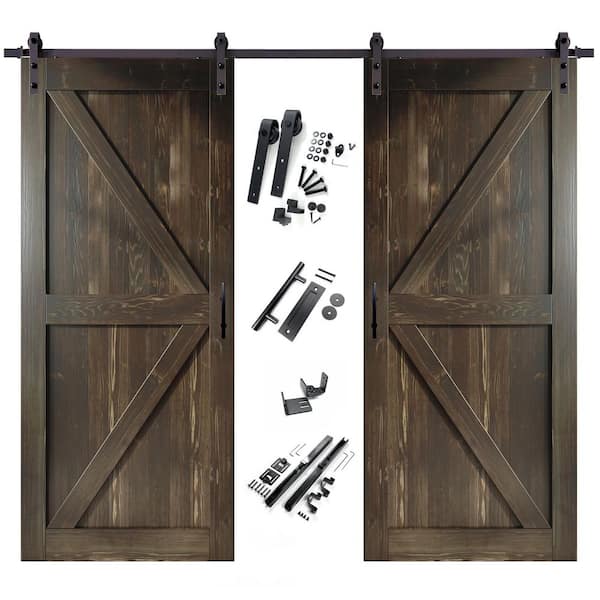 HOMACER 54 in. x 84 in. K-Frame Ebony Double Pine Wood Interior Sliding Barn Door with Hardware Kit, Non-Bypass