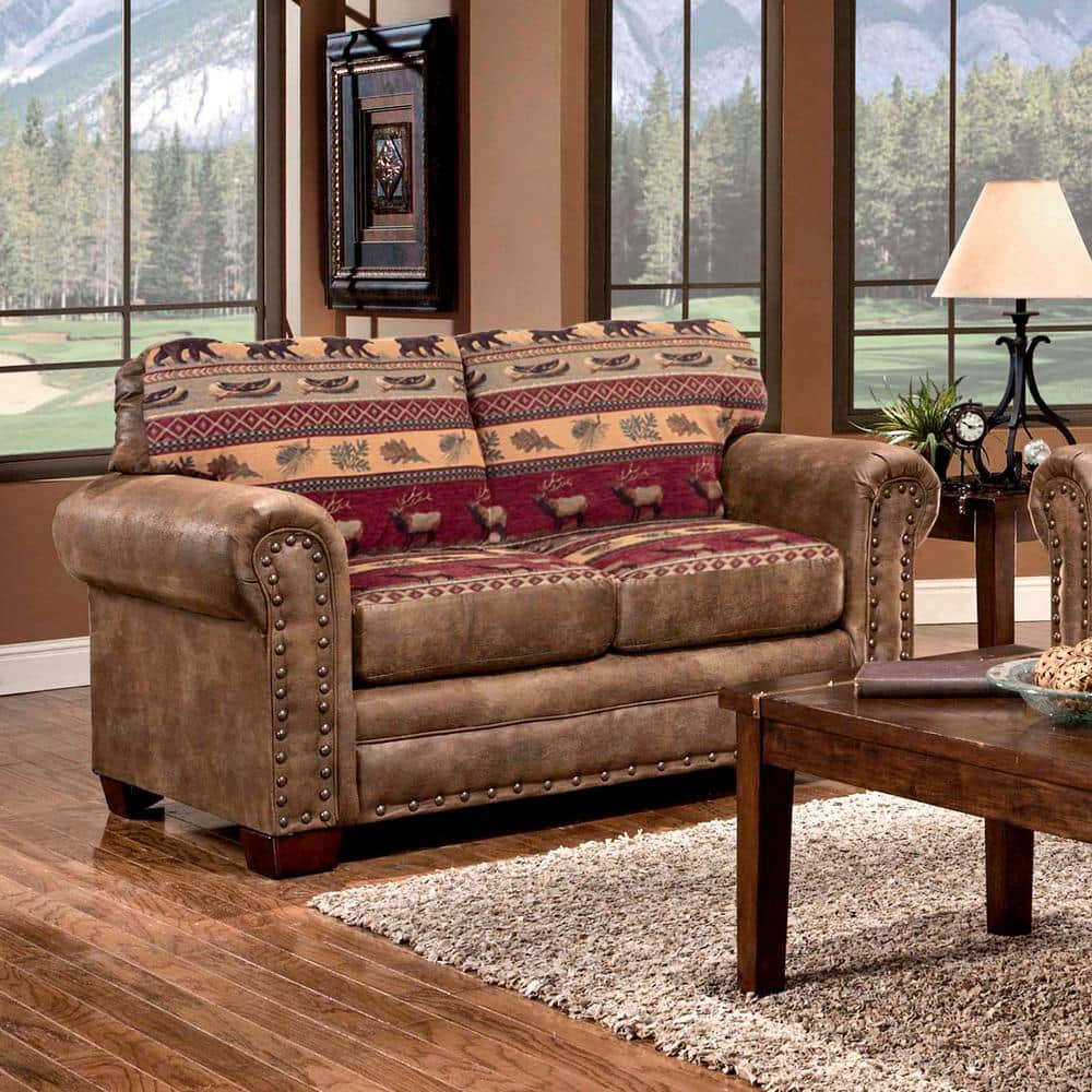 Sierra Lodge Brown Faux Leather Tufted Loveseat with Nailhead Accents