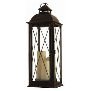 Salerno 27 in. Antique Brown Triple Candle LED Lantern with Timer